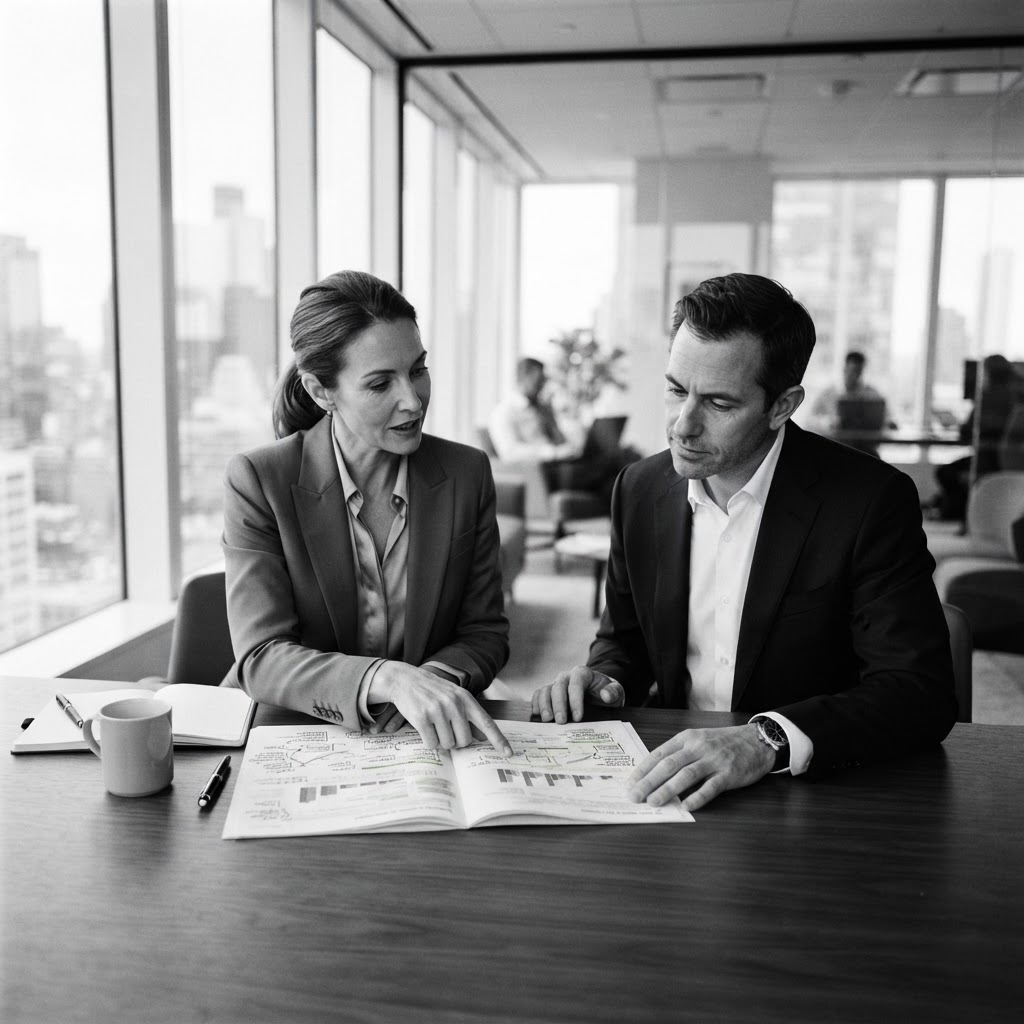 Two business professionals collaborating over a strategy document