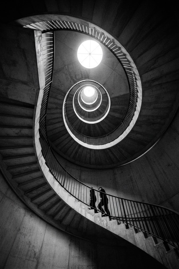 Abstract architectural staircase spiralling upward, suggesting ascent and growth